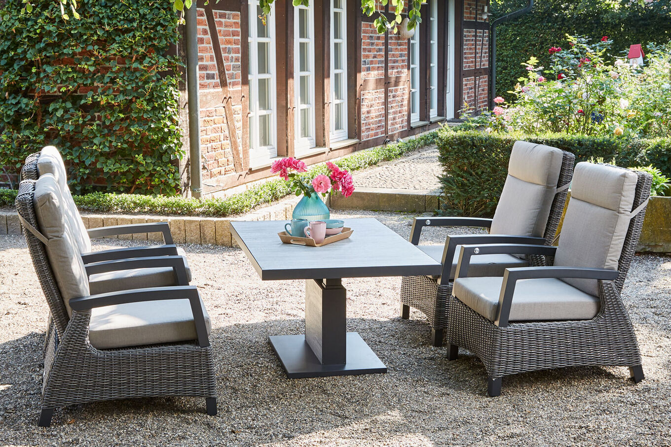 SIENA GARDEN Corido/Bellani Pinie Gartenlounge, charcoal/anthrazit/pinie-grau, Alu/Keramik/Gardino®-Geflecht, Lifttisch 140x85 cm, 4 Loungesessel 22102__1