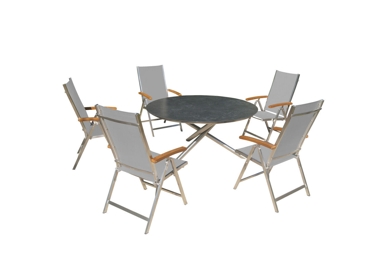 OUTFLEXX Garten-Essgruppe, silber/grau, Edelstahl/Glaskeramik/Textilene/Teakholz, Tisch Ø150cm, 5 Klappstühle, verstellbar 24044__1