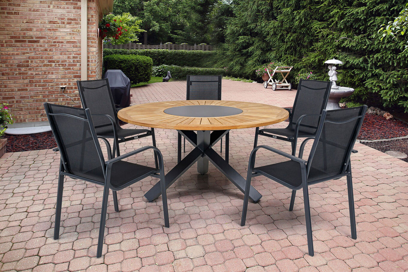 OUTFLEXX Garten-Essgruppe, OUTFLEXX® anthrazit matt, Alu / Teak / Textil, Esstisch Ø 150 cm, 5 Sessel, stapelbar 22204__1