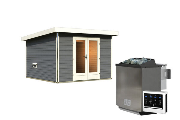 KARIBU Mainburg 1 Saunahaus, terragrau, Fichte, 309x309x229 cm, SET 1 mit Doppelflügeltür, Vorraum und 9 kW Bio-Ofen 31317-6 03.jpg