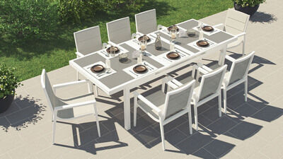 Santorini XL Garten-Essgruppe, weiß/grau, Alu/Textilene, ausziehbarer Tisch, Sessel stapelbar 34617  bTLq8IKgi 34327a8a2a3b57041f045cb6bb57d45f601a3ba5