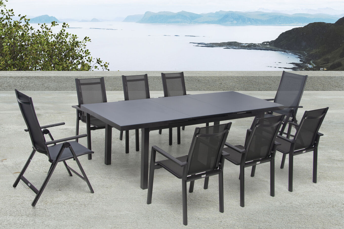 OUTFLEXX Premium Garten-Essgruppe, anthrazit/grau, Alu/Textilene, Ausziehtisch 180/240 x 100 cm, 6 Stapel-, 2 Klappstühle 21442__1