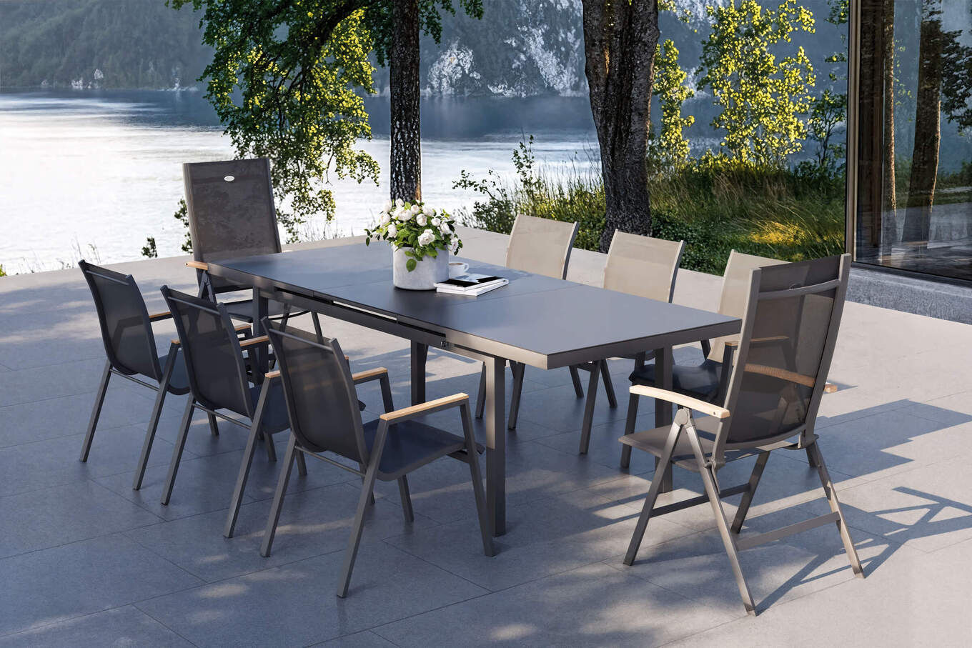 HARTMAN Aruba Teak Garten-Essgruppe, xerix, Alu/Textilene, Tisch 180/240x100cm, 6 Stapel-, 2 Klappstühle 19342__1