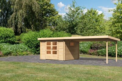 Gartenhaus Trittau 3, naturbelassen, Fichtenholz 40mm, 716,5 x 297 x 217 cm, Pultdach, Anbau 4,4m 30666  1 456e9ee8b7950ab235c6ee4cf1847fc4e6698e07