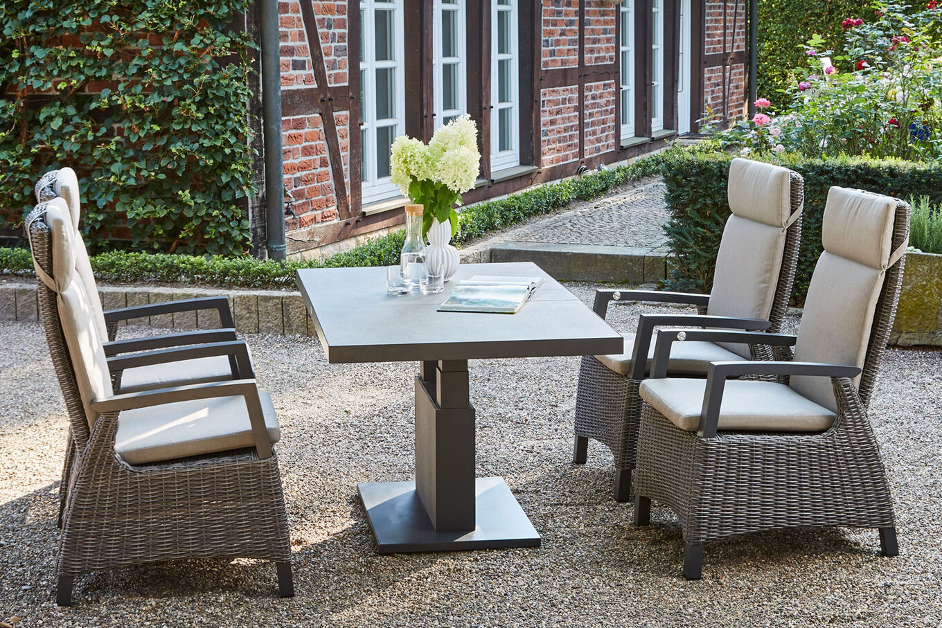 SIENA GARDEN Corido/Bellani Grau Gartenlounge, charcoal/anthrazit/grau, Alu/Gardino®-Geflecht, Lifttisch 140x85 cm, 4 Dining Move Sessel 22113__1