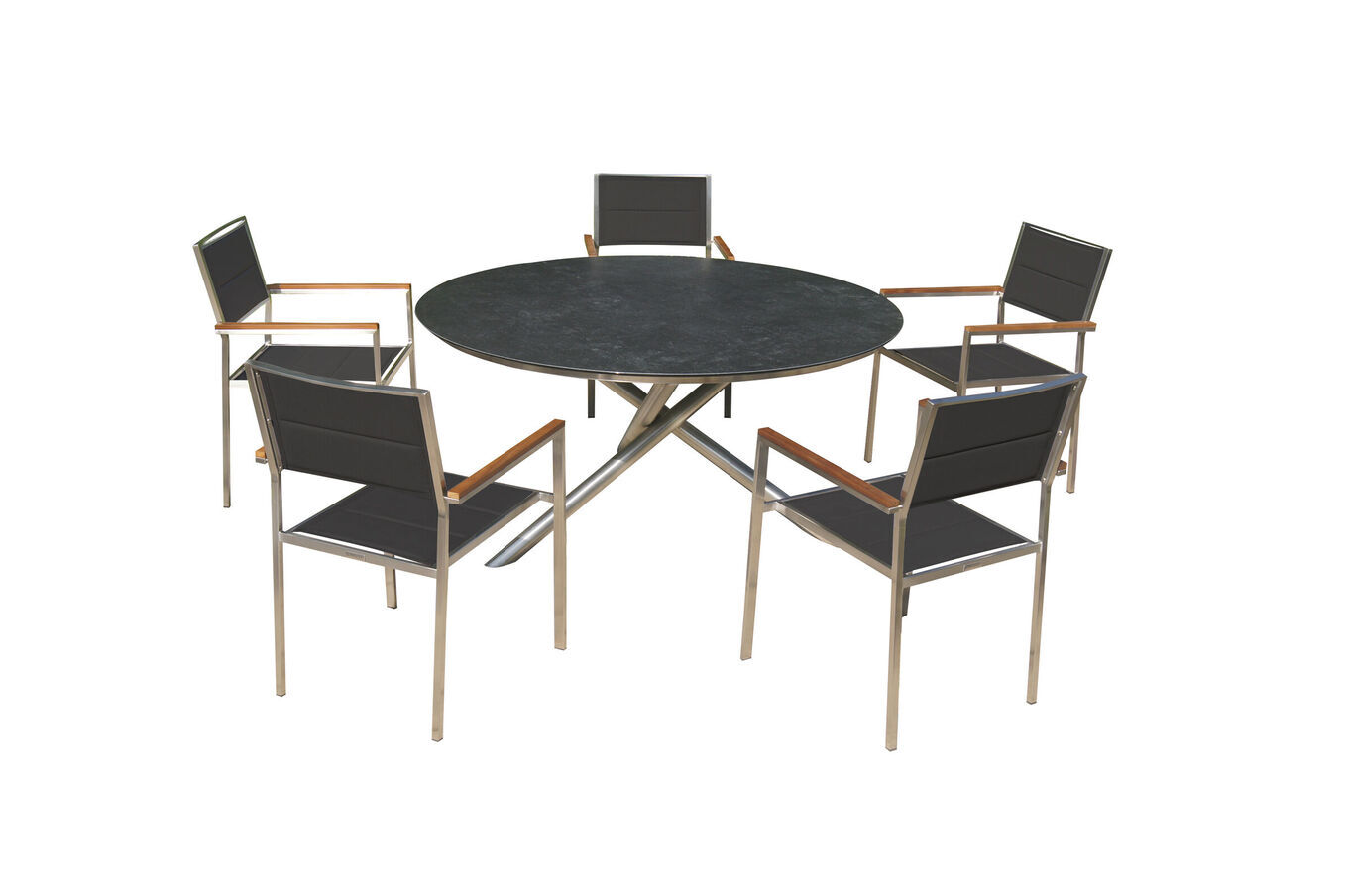 OUTFLEXX Garten-Essgruppe, silber/schwarz, Edelstahl/Glaskeramik/Textilene/Teak, Tisch Ø150cm, 5 Stühle, padded 24042__1