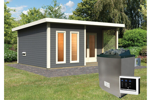 KARIBU Mainburg 5 Saunahaus, terragrau, Fichte, 508x368x253 cm, SET B mit Doppelflügeltür, Terrasse und 9 kW Ofen 31326-5 02.jpg