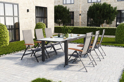 Garten-Essgruppe, anthrazit/grau/weiß, Alu/Glas/Textilene/Akazienholz, Ausziehtisch, 6 Klappstühle, ausziehbar 34912  beD014Xt 7ef2c40452d7c1e6a1c937fda43324c2d6ff2b95
