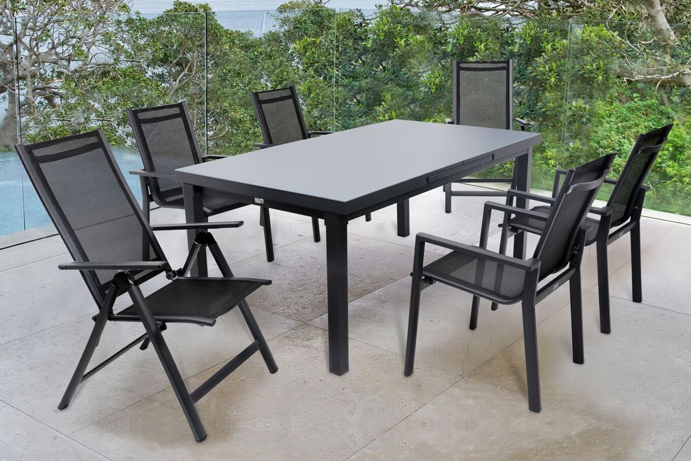 OUTFLEXX Premium Garten-Essgruppe, OUTFLEXX® anthrazit matt, Alu/Textilene, Tisch 180/240x100cm, 4 Stapel-, 2 Klappstühle 19299__1