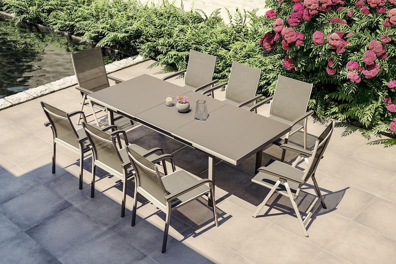 KETTLER BasicPlus Garten-Essgruppe, silber, Alu/Textilene, Tisch 180/240x100cm, 6 Stapel-, 2 Klappstühle 19312__1