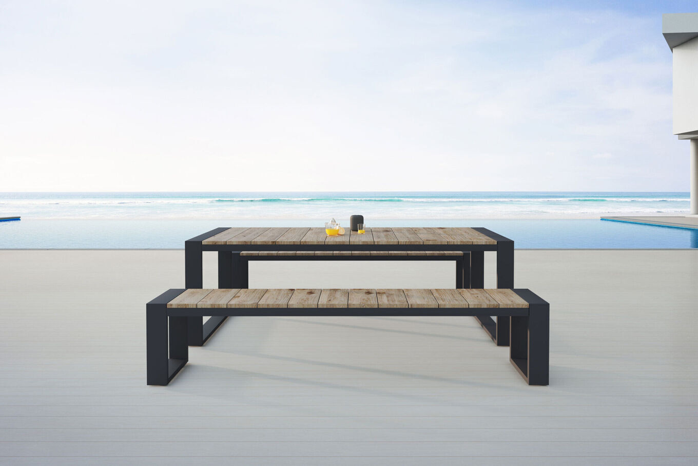 OUTFLEXX Kona Garten-Essgruppe, dark grey/natur, Alu/recyceltes Teak, Esstisch 240x100cm, 2x Bank 240x40cm, U-Gestell, FSC®-zertifiziertes Produkt 20607__1