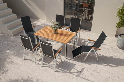 Garten-Essgruppe, silber/natural, Alu/Eukalyptus, Tisch 150 x 90 cm, für 6 Personen, witterungsbeständig, FSC®-zertifiziertes Produkt 80357  bf39p3ozA 94981eb5ae6f0e060c5139959dce0ddf3026900a