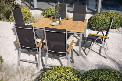 Garten-Essgruppe mit 6 Klappstühlen, silber, Alu/Eukalyptus, ausziehbarer Tisch 150/200 x 90 cm, FSC®-zertifiziertes Produkt 80349  bhoyJUn4m 9d1bb262a0afb1d77f8b943a589c2c247f7cacc2