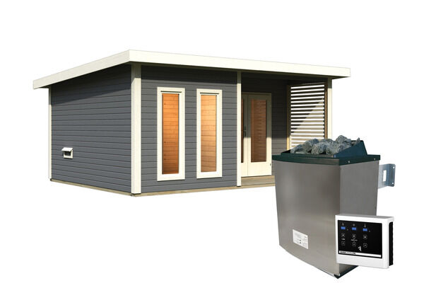 KARIBU Mainburg 5 Saunahaus, terragrau, Fichte, 508x368x253 cm, SET B mit Doppelflügeltür, Terrasse und 9 kW Ofen 31326-5 03.jpg
