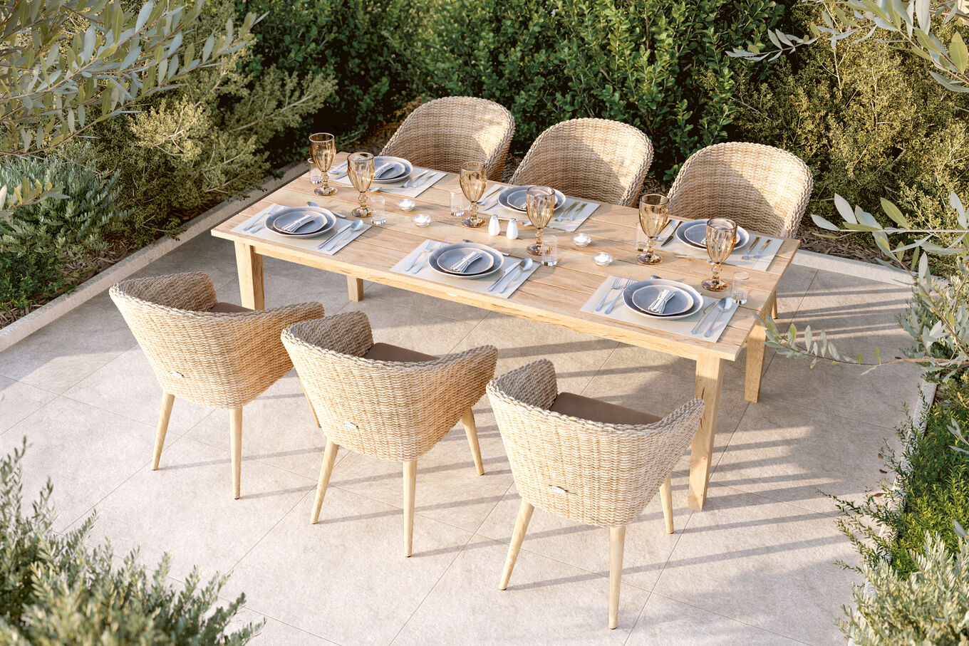 OUTFLEXX Borneo Garten-Essgruppe, beige-meliert, Polyrattan/Akazie, Tisch 220 x 100 cm, 6 Cocktail-Sessel, FSC®-zertifiziertes Produkt 22682__1