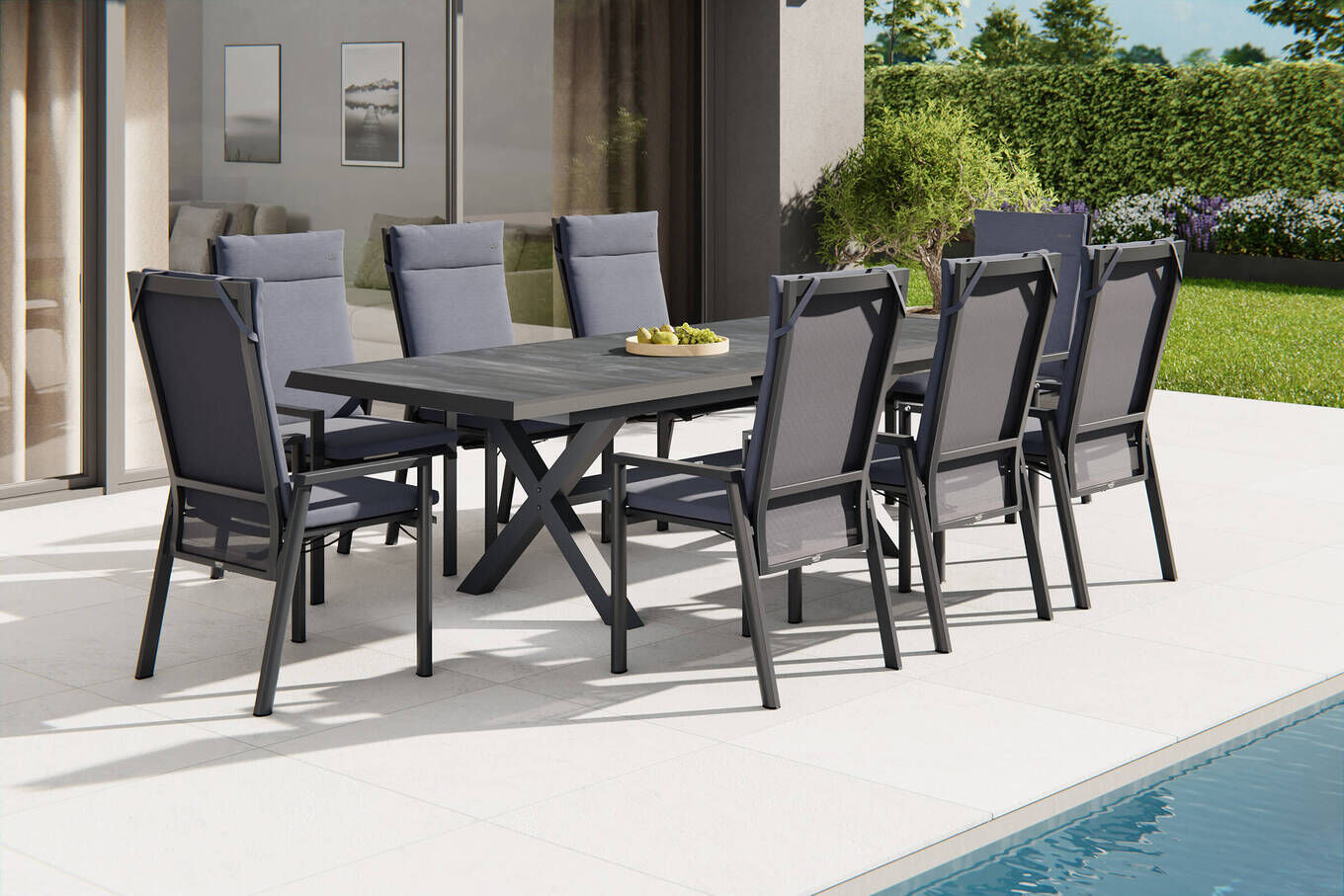 SIENA GARDEN Messina/Velia Garten-Essgruppe, anthrazit/grau, Alu/Textilgewebe/Keramik, 200-260x100 cm, inkl. 8 Diningsessel, stufenlos verstellbar 23812__1
