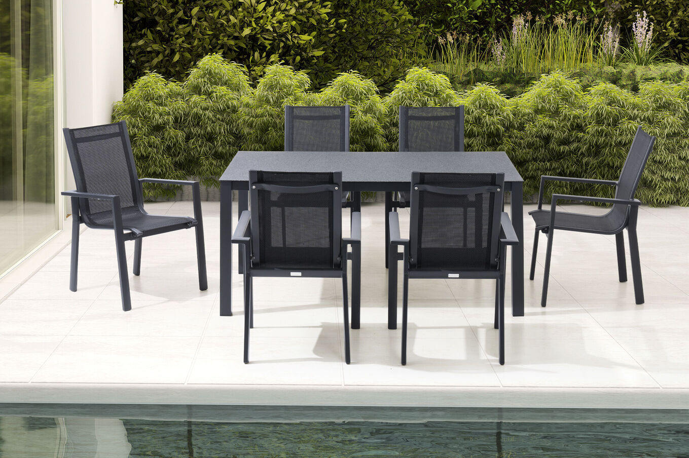 OUTFLEXX Garten-Essgruppe, anthrazit matt, Alu/Spraystone/Textilen, 160x95 cm, 6 Stapelsessel 28188__1