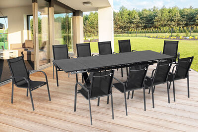 Garten-Essgruppe, OUTFLEXX® anthrazit matt, Alu / Spraystone / Textil, Tisch 180/280x100cm, 10 Sessel, stapelbar 22145  1 ed01a04cf8545d8653b8d7eb0bcac5454c549d85