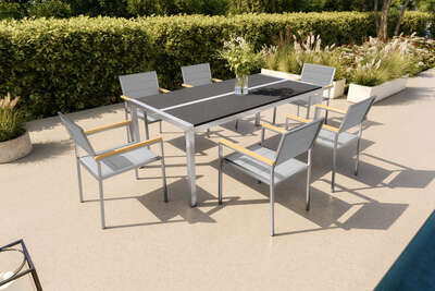 Gartenessgruppe, Taupe, Edelstahl/Keramik, Tisch 200 x 100 cm, 6 stapelbare Sessel, Kratzfest, Pflegeleicht 80406  bTFVYQWPw 7cd9c7d89d2bedc4972cc58abbda453294812725