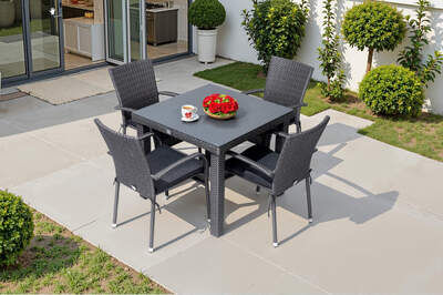 Rocking Garten-Essgruppe, grau/braun-meliert, Polyrattan, Tisch 90 x 90 cm, 4 Stapelstühle, Glasplatte in Steinoptik 21075  bzNJCgQpd ea5c6102b0ca3a528ee8845199a8399d350a49f9