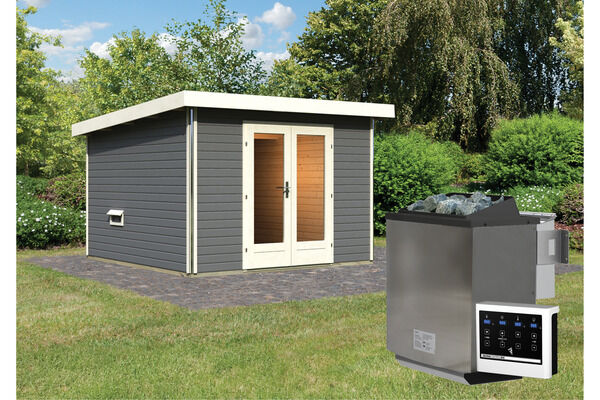 KARIBU Mainburg 1 Saunahaus, terragrau, Fichte, 309x309x229 cm, SET 1 mit Doppelflügeltür, Vorraum und 9 kW Bio-Ofen 31317-6 02.jpg