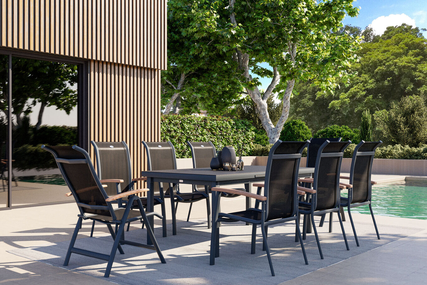 HARTMAN Alice Garten-Essgruppe, xerix, Alu/4x4 Textilen, Tisch 180/240x100cm, 6 Stapel-, 2 Klappstühle 19330__1