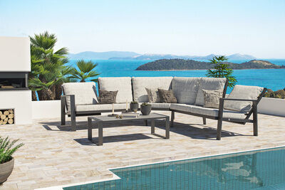 Theia L Gartenlounge für 5 Personen, anthrazit/grau meliert, Alu/Polyester, Tischplatte aus Milchglas, pulverbeschichtet 80275  1 b8b1098049d308cd33e30933b12acb7cbbc3e5de