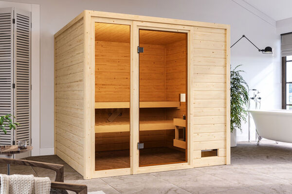 KARIBU Sauna Jutta, Fichtenholz 38 mm, Fronteinstieg, ca. 3,4m² | ohne  Kranz | ohne Ofen | ohne Steuerung | 20235-1 | Körperpflege