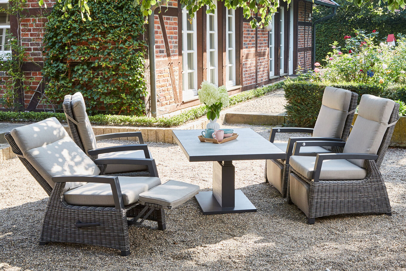 SIENA GARDEN Corido/Bellani Pinie Gartenlounge, charcoal/anthrazit/pinie-grau, Alu/Keramik/Gardino®-Geflecht, Lifttisch 140x85 cm, 4 Relaxsessel 22103__1