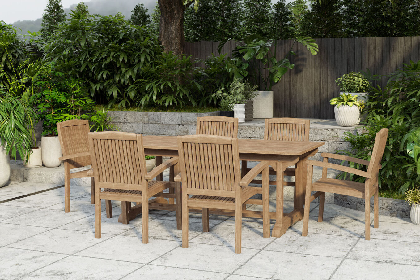 OUTFLEXX Ontario/Washington Garten-Essgruppe, natur, Teak, 195/295 x 90 cm, 6x Stapelsessel 24370__1