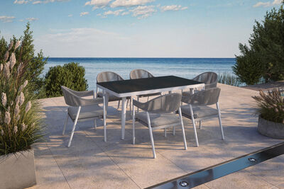 Garten-Essgruppe mit 6 Stapelstühlen, matt weiß/grau, Alu/Polyester, Esstisch 155 x 90 cm 80522  bQOJzd3Ou 4bc36901b446e708d8661fc00ae8a29983401cd6
