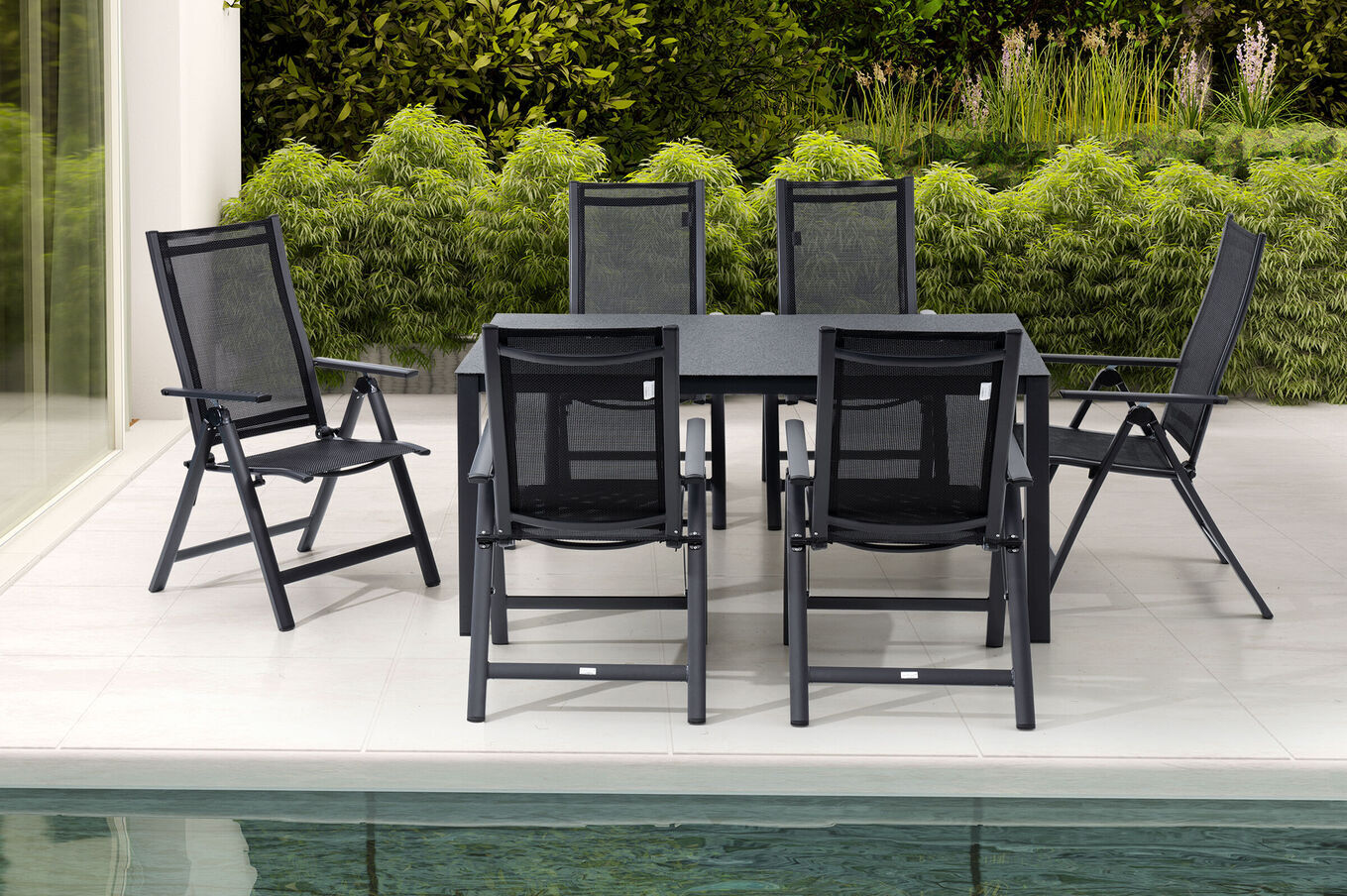 OUTFLEXX Garten-Essgruppe, anthrazit matt, Alu/Spraystone/Textilen, 160x95 cm, 6 Klappstühle, verstellbar 28186__1