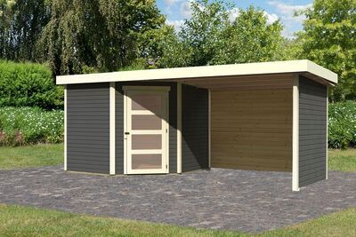 Gartenhaus Schwandorf5 , naturbelassen, Fichtenholz 19mm, 530 x 246 x 218 cm, Flachdach, Anbau 2,8m mit Rück- und Seitenwand 30552  1 88d52569a6c434f39edaead685345f8719ee8e45