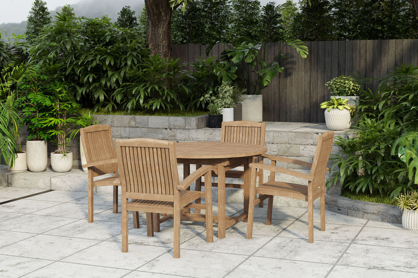 OUTFLEXX Dallas/Washington Garten-Essgruppe, natur, Teak, 120/170x120 cm, 4x Stapelsessel 24348__1