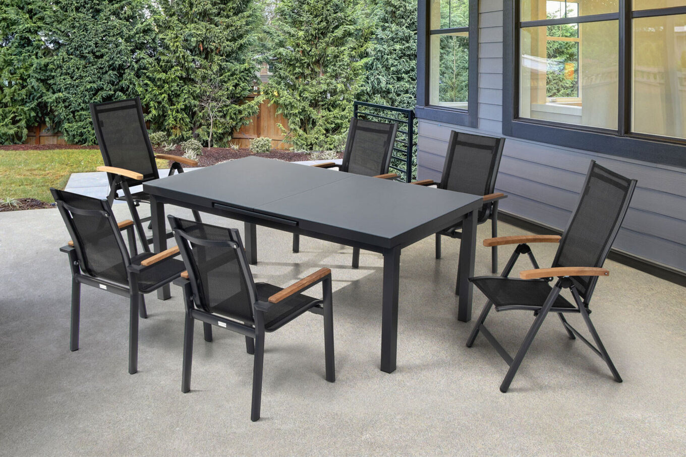 OUTFLEXX Premium Garten-Essgruppe, OUTFLEXX® anthrazit matt, Alu / Glas / Teak, Tisch 180/240 x 100cm, 4 Stapelsessel, 2 Klappstühle 22209__1
