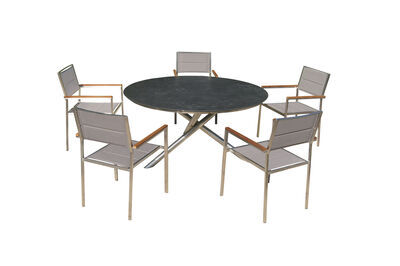Garten-Essgruppe, silber/taupe, Edelstahl/Glaskeramik/Textilene/Teak, Tisch Ø150cm, 5 Stühle, padded 24051  1 796a8153990af822ebd204a8126d043c23574144