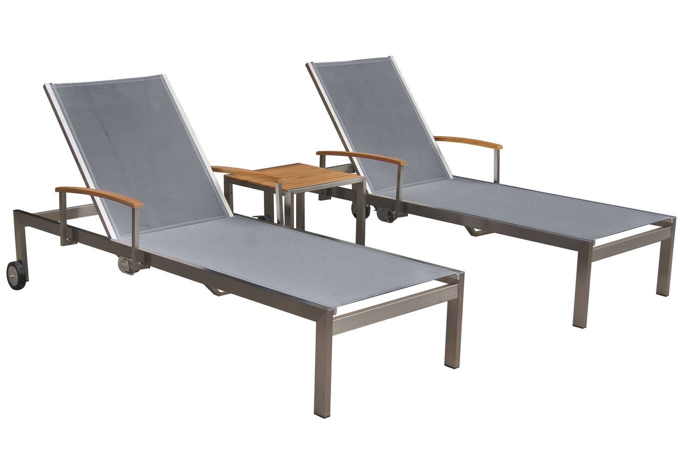 OUTFLEXX 2er-Set Sonnenliegen, silber, Edelstahl/Teak, 195,5x74x35cm, mit Beistelltisch 45x45cm, Teak Armlehnen, FSC®-zertifiziertes Produkt 14166__1