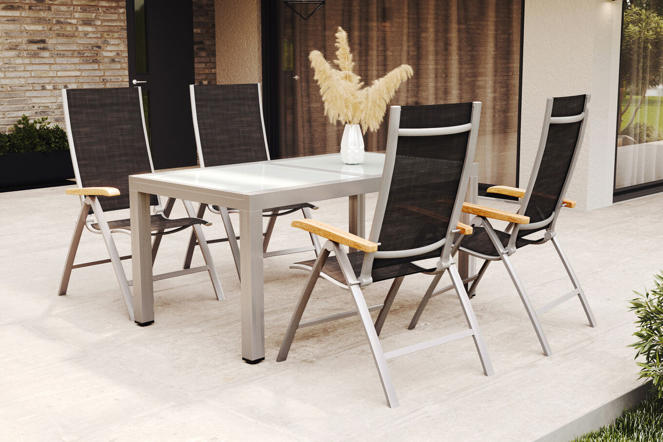 VILLANA Garten-Essgruppe, weiß/silber, Aluminium/Sicherheitsglas, Ausziehtisch 160/220 x 90 cm, 4 Klappstühle, FSC®-zertifiziertes Produkt 34572__1