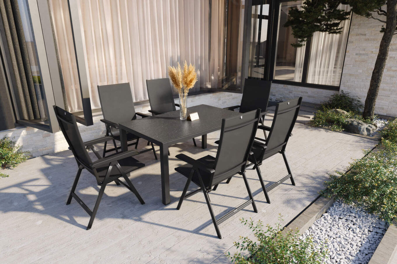 KETTLER BasicPlus Garten-Essgruppe, anthrazit, Alu/Spraystone/Textil, 160 x 95 cm, 6 Klappstühle 28322__1