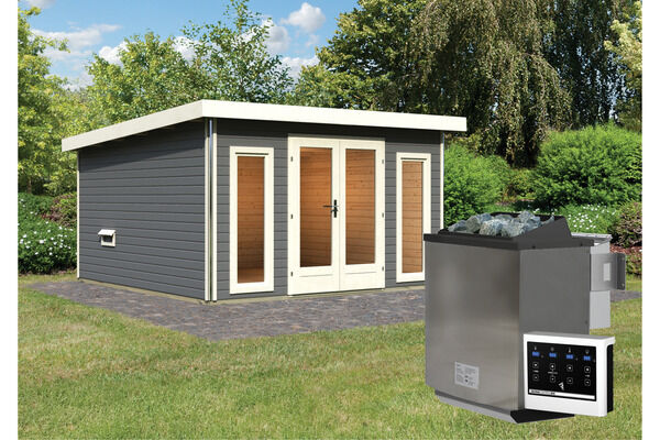 KARIBU Mainburg 3 Saunahaus, terragrau, Fichte, 369x369x229 cm, SET A mit Doppelflügeltür, Vorraum und 9 kW Bio-Ofen 31321-6 02.jpg