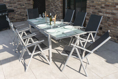 Garten-Essgruppe, silber/schwarz, Alu/Textil, Tisch 160/220 cm, 8 Klappstühle 13877  boDB5Xf2B 3f7839d612edbbe5084fecf2321b81997be9f776