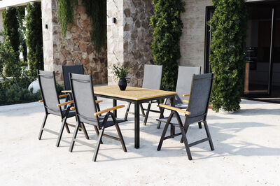 Garten-Essgruppe, schwarz/grau, Aluminium/Eukalyptus, Tisch 150/200 x 90 cm, 6 Klappstühle, ausziehbar, FSC®-zertifiziertes Produkt 80361  bELqVzDwA 763cc1ed9f68ff154a023b331a66a4c25aa4040c