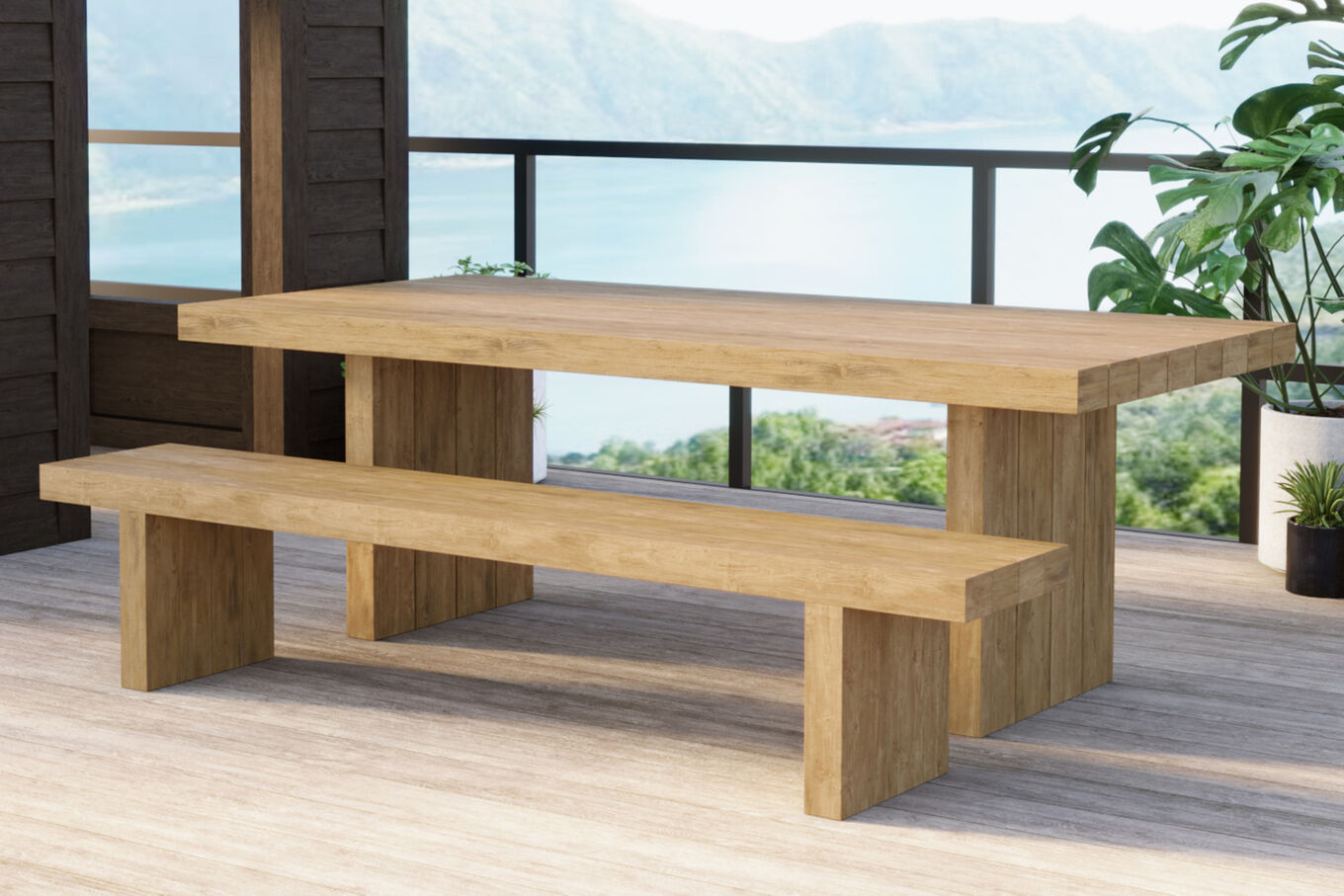 OUTFLEXX Encino Garten-Essgruppe, natur/recyceltes Teak, Bank 220x50, Tisch 220x107, Gebürstet, Recycled, FSC®-zertifiziertes Produkt 31457__1