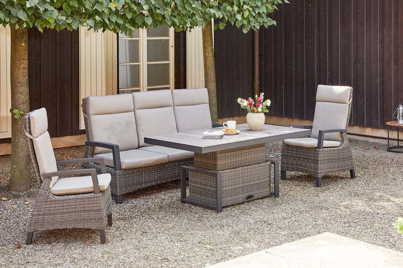 SIENA GARDEN Corido Gartenlounge, charcoal, Alu/Gardino®-Geflecht, 2 Diningsessel + 3er Sofa, stufenloser Lifttisch 160x90x47-71cm 21500__1