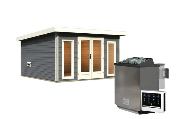 KARIBU Mainburg 3 Saunahaus, terragrau, Fichte, 369x369x229 cm, SET A mit Doppelflügeltür, Vorraum und 9 kW Bio-Ofen 31321-6 03.jpg