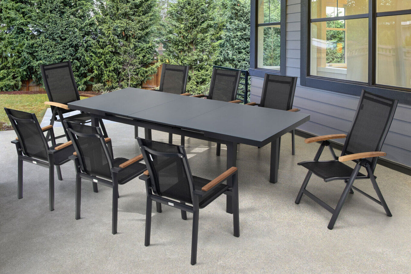 OUTFLEXX Premium Garten-Essgruppe, OUTFLEXX® anthrazit matt, Alu / Glas / Teak, Tisch 180/240 x 100cm, 6 Stapelsessel, 2 Klappstühle 22210__1
