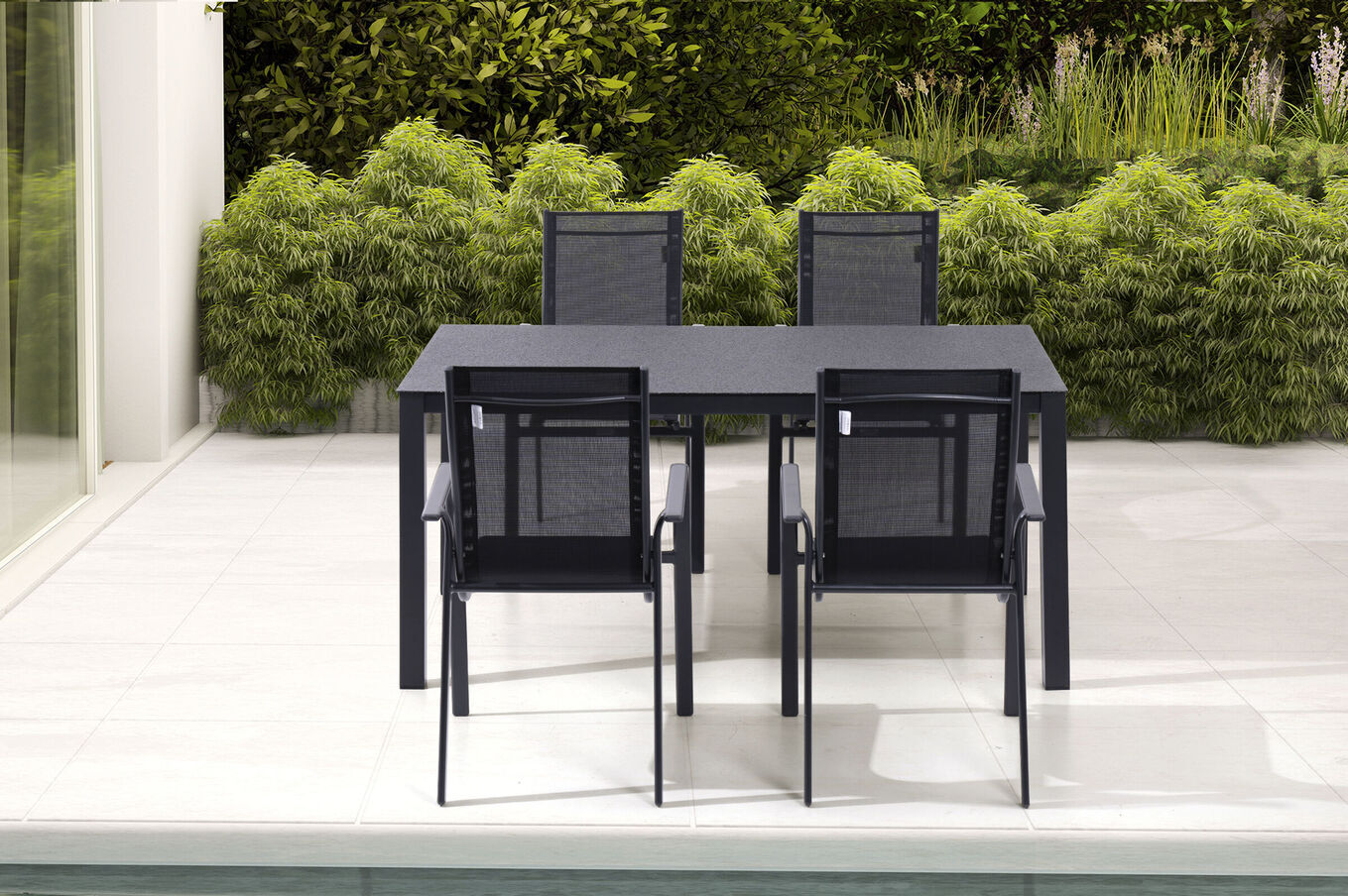 OUTFLEXX Garten-Essgruppe, anthrazit matt, Alu/Spraystone/Textilen, 160x95 cm, 4 Stapelstühle 28195__1