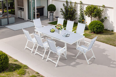 Garten-Essgruppe für 8 Personen, weiß/hellgrau, Alu/Sicherheitsglas, Tisch ausziehbar, Stühle klappbar 80310  bTCgYhhHy 29a0054483f439a36aa71d0d15bda1fbecae432c
