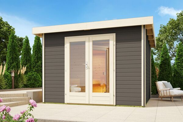 KARIBU Mainburg 1 Saunahaus, terragrau, Fichte, 309x309x229 cm, SET 1 mit Doppelflügeltür, Vorraum und 9 kW Bio-Ofen 31317-6 01.jpg
