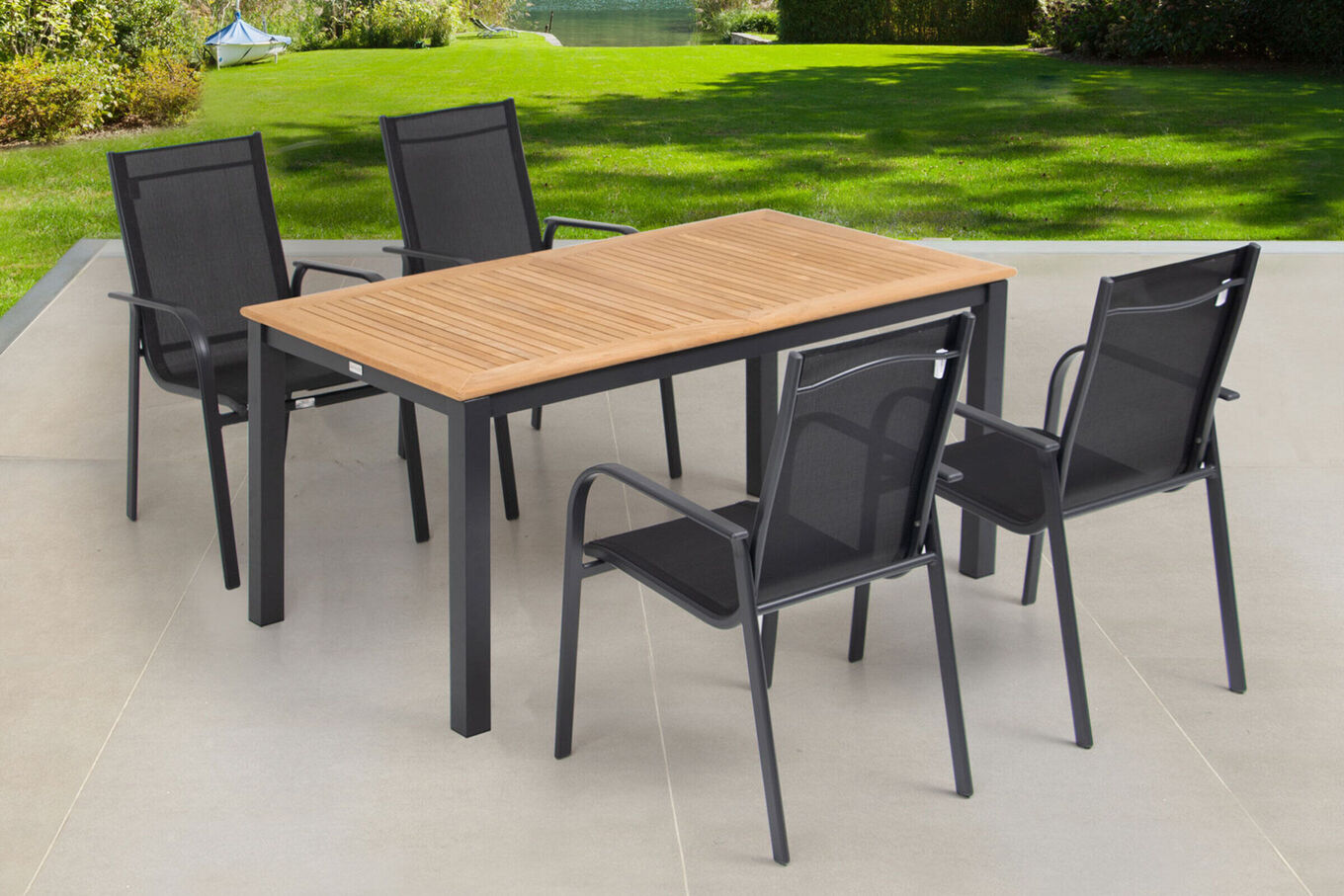 OUTFLEXX Garten-Essgruppe, OUTFLEXX® anthrazit matt, Alu / Teak / Textil, Tisch 150/210x90cm, 4 Sessel, stapelbar 22182__1